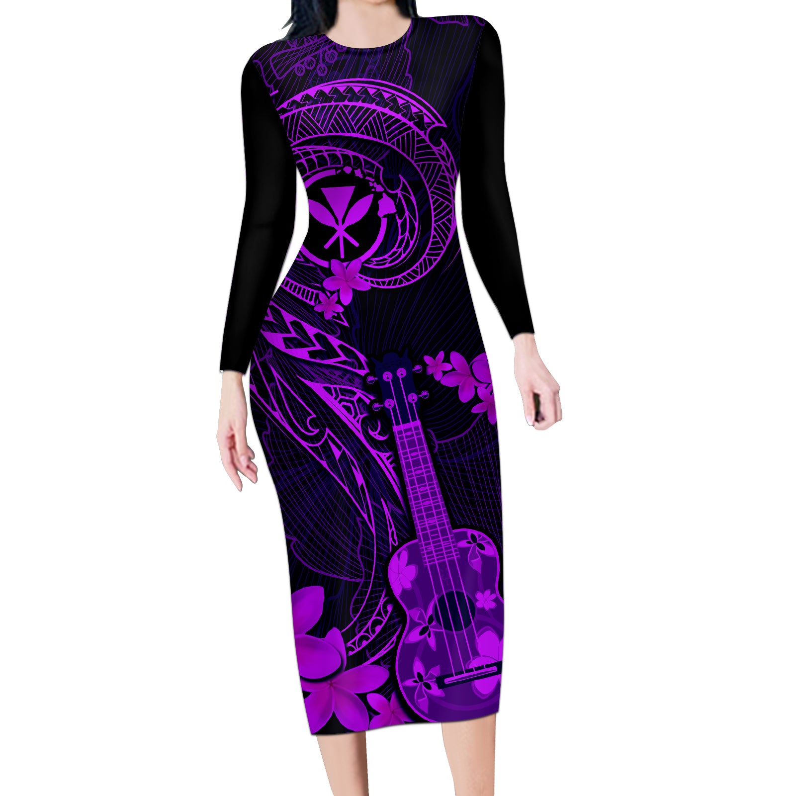 hawaii-long-sleeve-bodycon-dress-ukulele-mix-polynesian-plumeria-purple-version