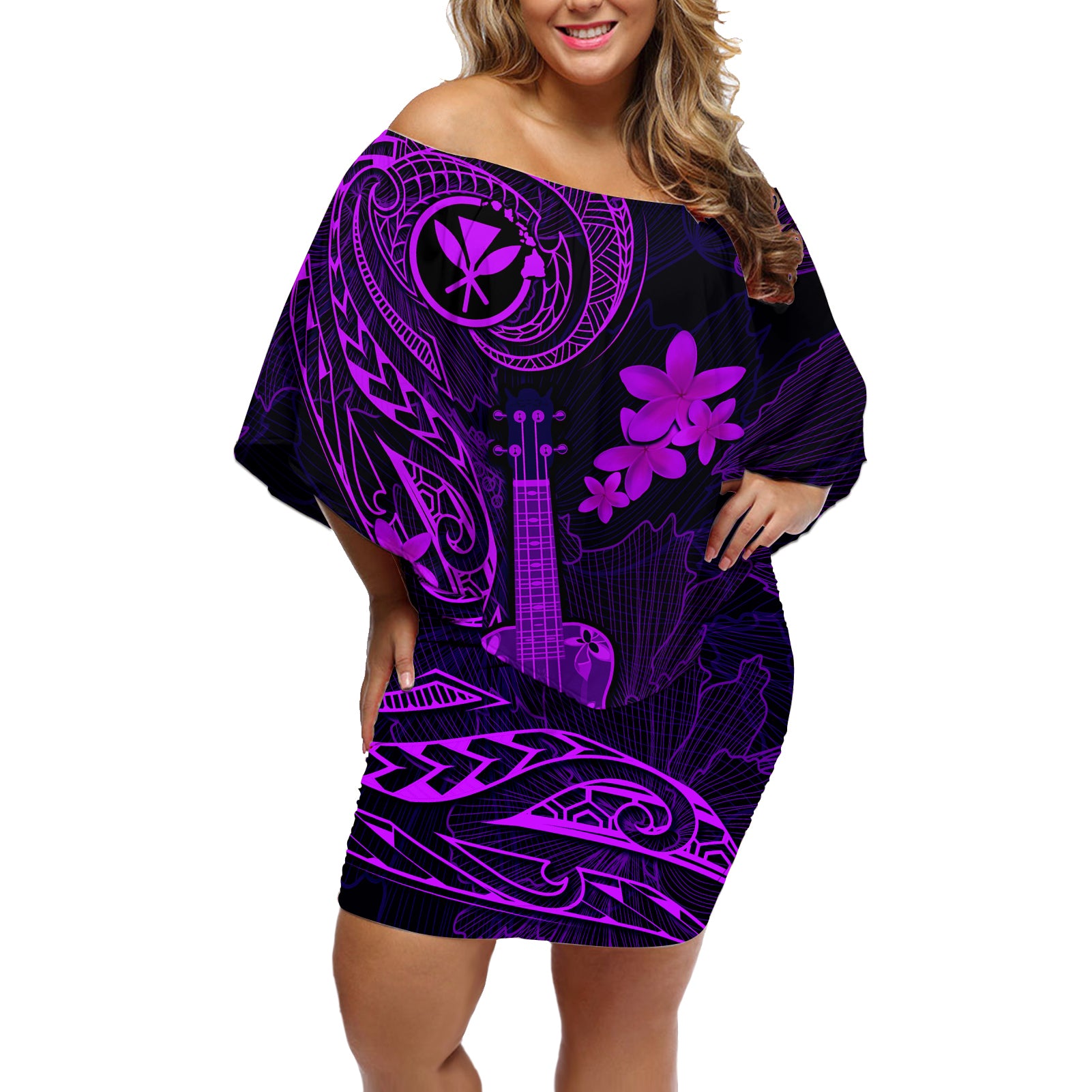 hawaii-off-shoulder-short-dress-ukulele-mix-polynesian-plumeria-purple-version