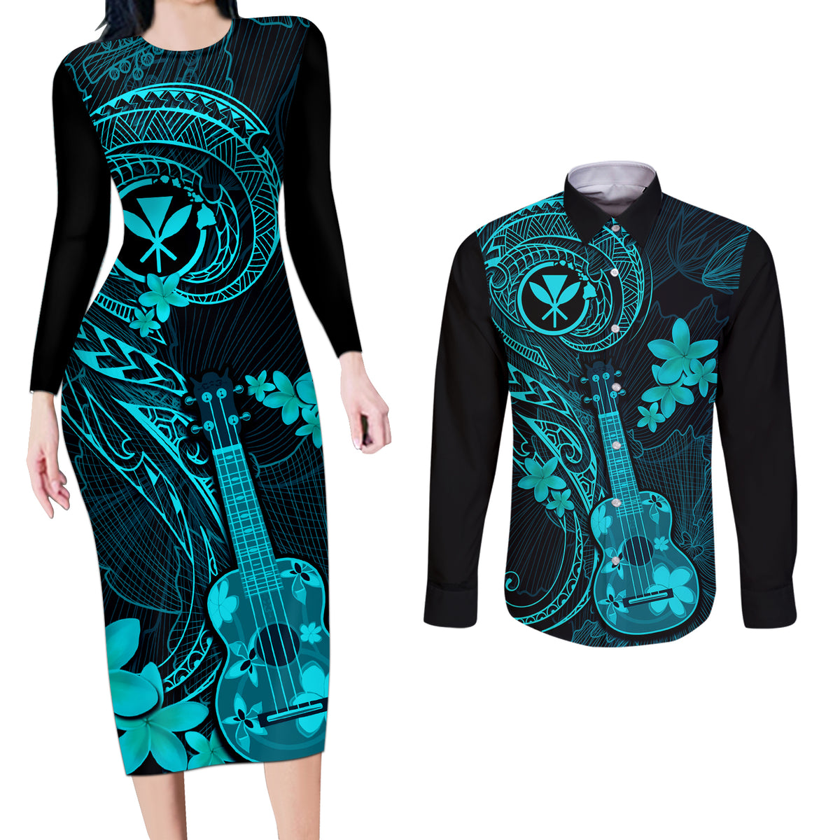 hawaii-couples-matching-long-sleeve-bodycon-dress-and-long-sleeve-button-shirts-ukulele-mix-polynesian-plumeria-turquoise-version