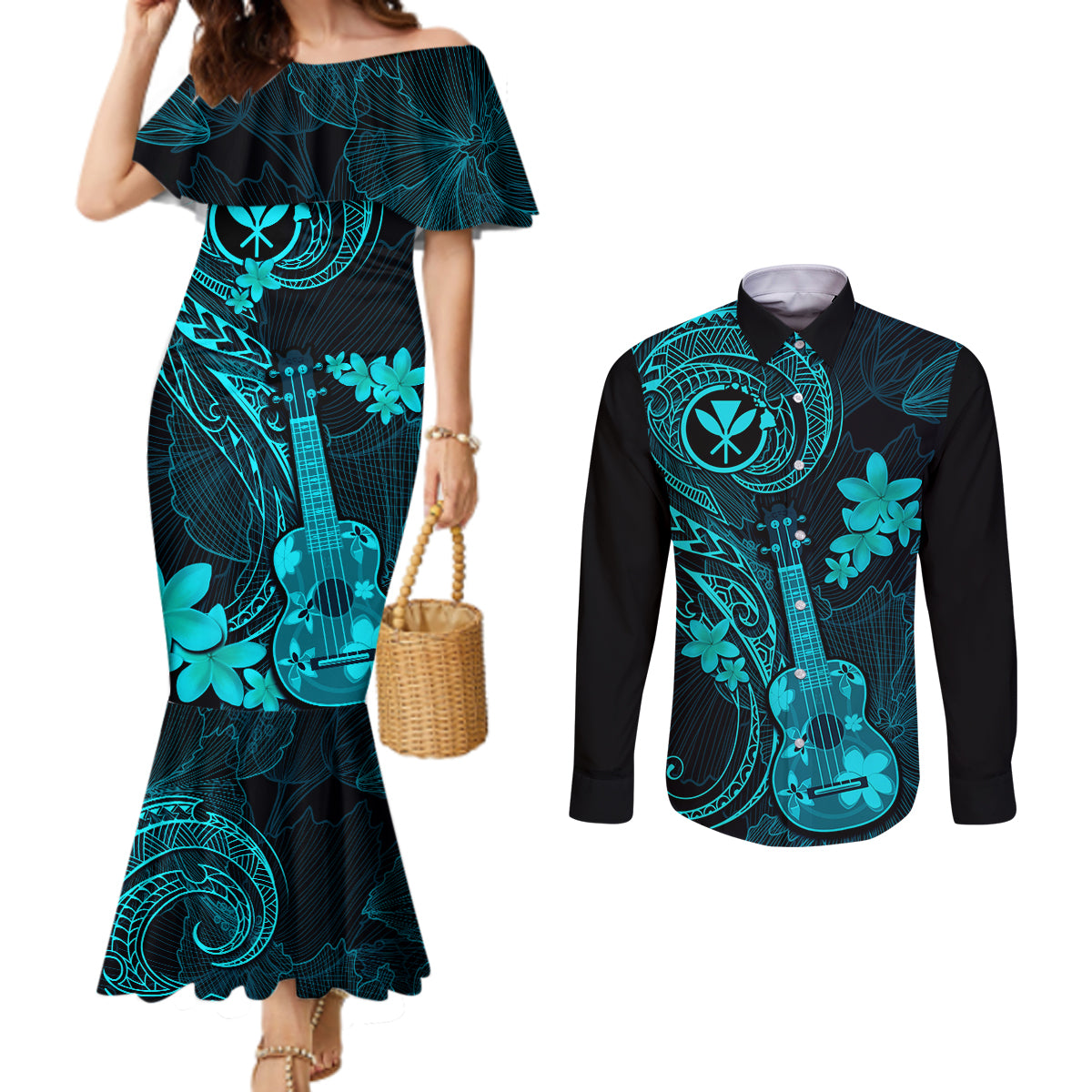 hawaii-couples-matching-mermaid-dress-and-long-sleeve-button-shirts-ukulele-mix-polynesian-plumeria-turquoise-version