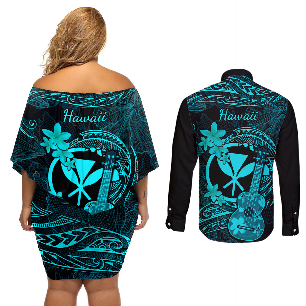 hawaii-couples-matching-off-shoulder-short-dress-and-long-sleeve-button-shirts-ukulele-mix-polynesian-plumeria-turquoise-version