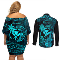 hawaii-couples-matching-off-shoulder-short-dress-and-long-sleeve-button-shirts-ukulele-mix-polynesian-plumeria-turquoise-version