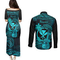 hawaii-couples-matching-puletasi-dress-and-long-sleeve-button-shirts-ukulele-mix-polynesian-plumeria-turquoise-version