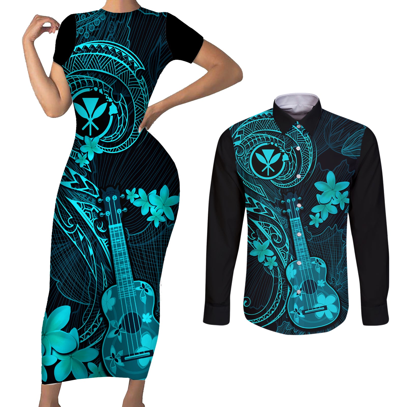 hawaii-couples-matching-short-sleeve-bodycon-dress-and-long-sleeve-button-shirts-ukulele-mix-polynesian-plumeria-turquoise-version