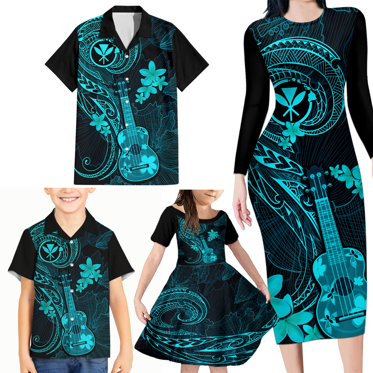 hawaii-family-matching-long-sleeve-bodycon-dress-and-hawaiian-shirt-ukulele-mix-polynesian-plumeria-turquoise-version