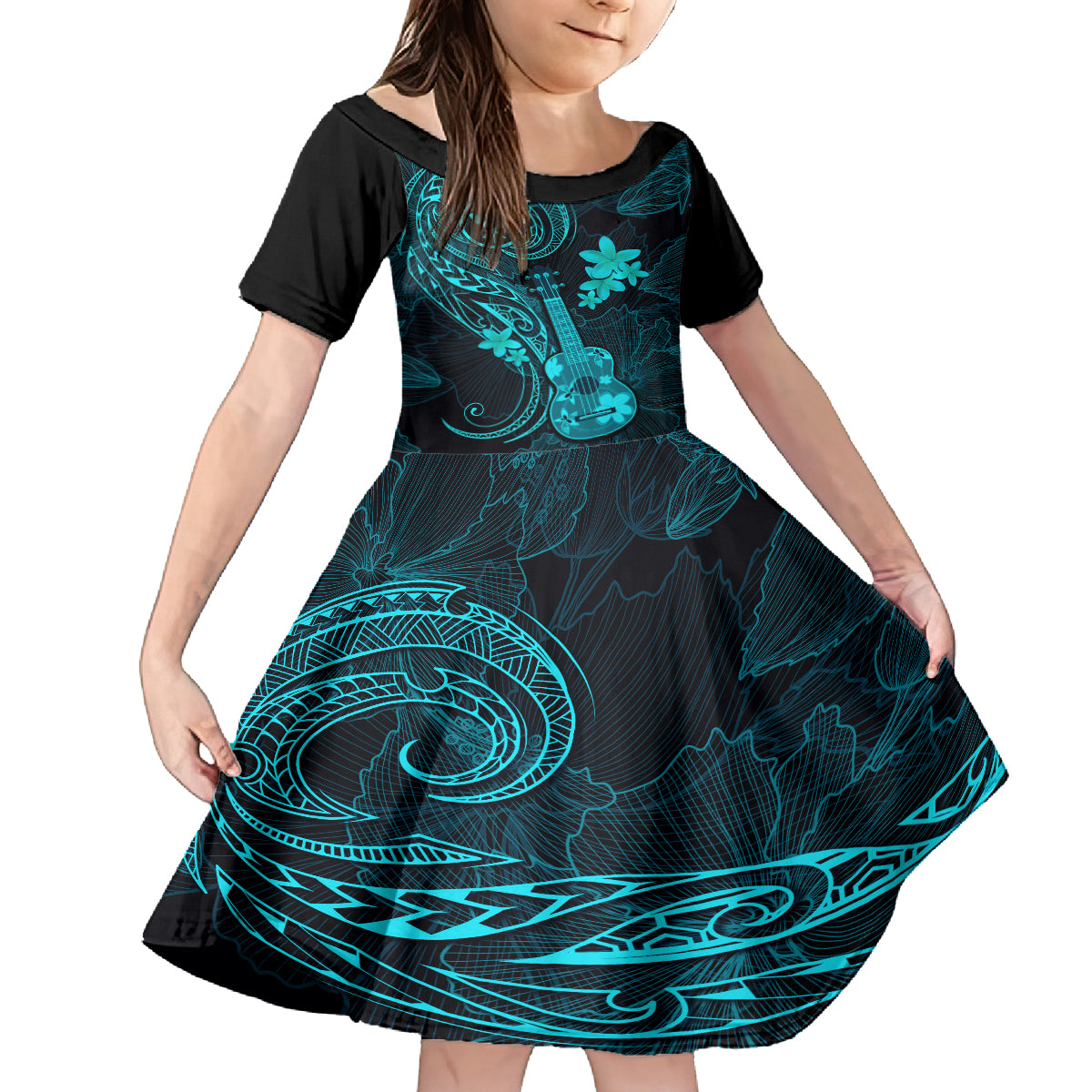 hawaii-kid-short-sleeve-dress-ukulele-mix-polynesian-plumeria-turquoise-version