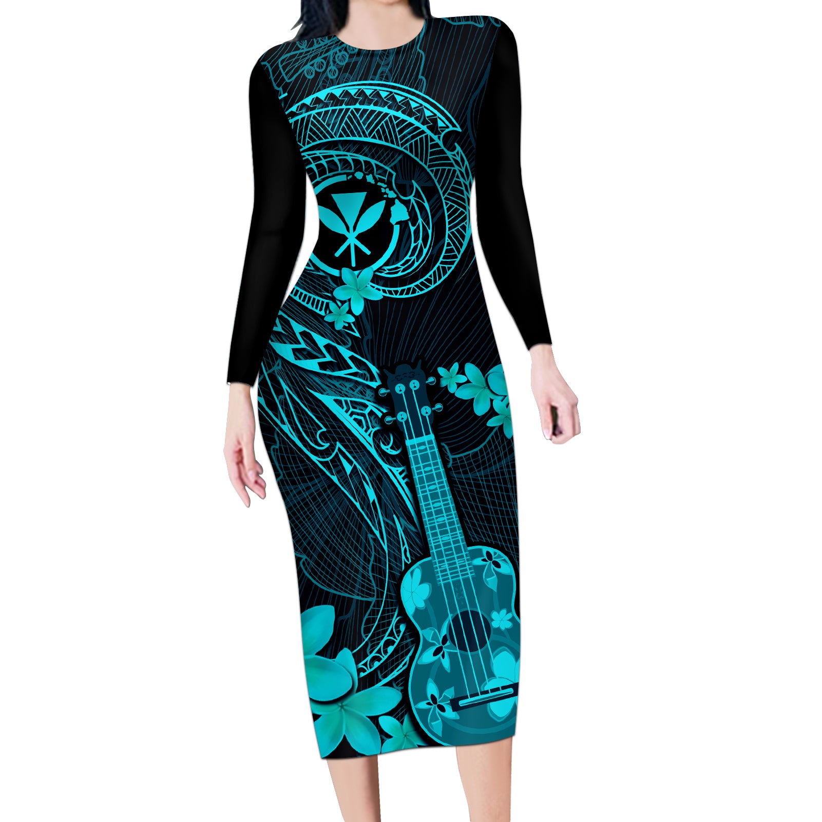 hawaii-long-sleeve-bodycon-dress-ukulele-mix-polynesian-plumeria-turquoise-version