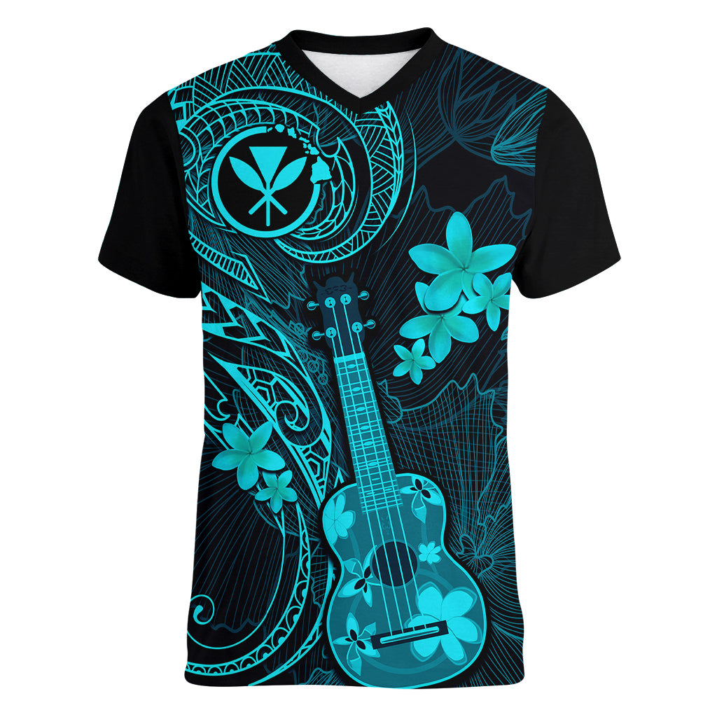 hawaii-women-v-neck-t-shirt-ukulele-mix-polynesian-plumeria-turquoise-version