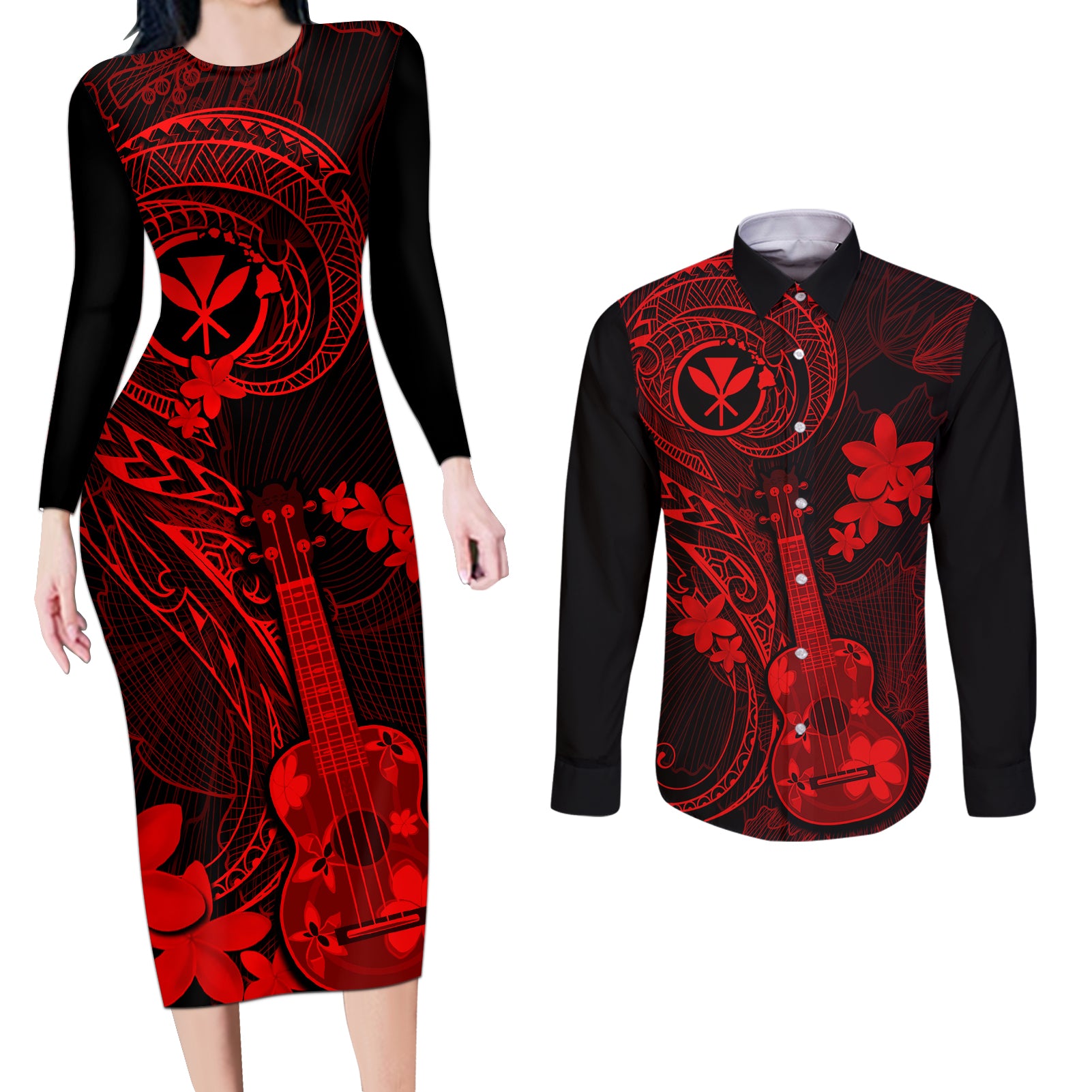 hawaii-couples-matching-long-sleeve-bodycon-dress-and-long-sleeve-button-shirts-ukulele-mix-polynesian-plumeria-red-version