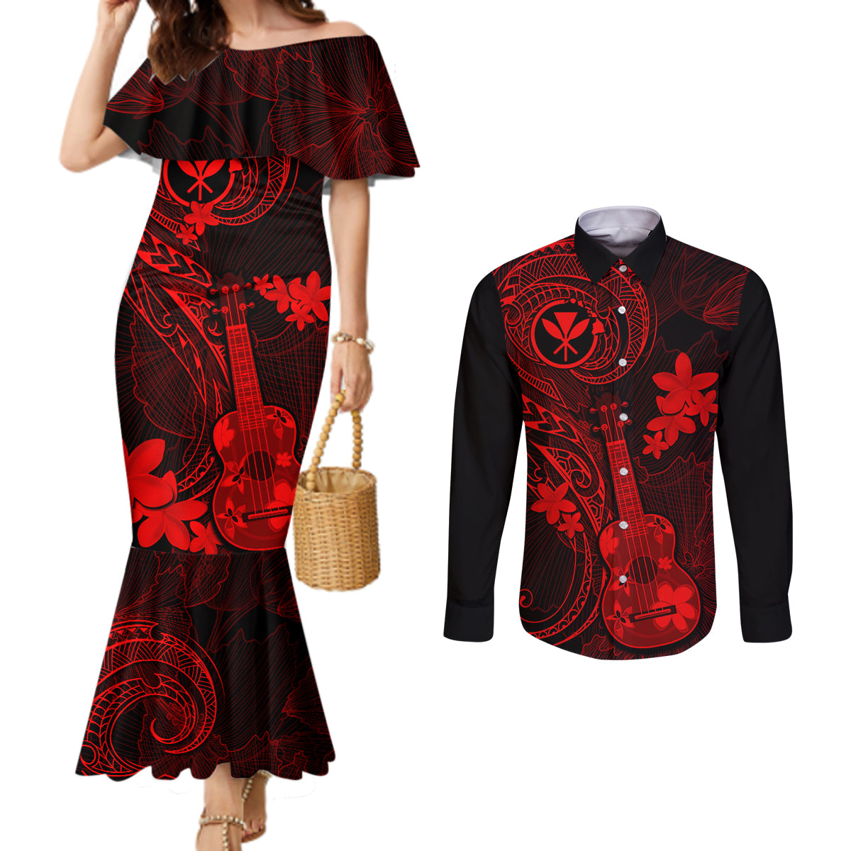 hawaii-couples-matching-mermaid-dress-and-long-sleeve-button-shirts-ukulele-mix-polynesian-plumeria-red-version