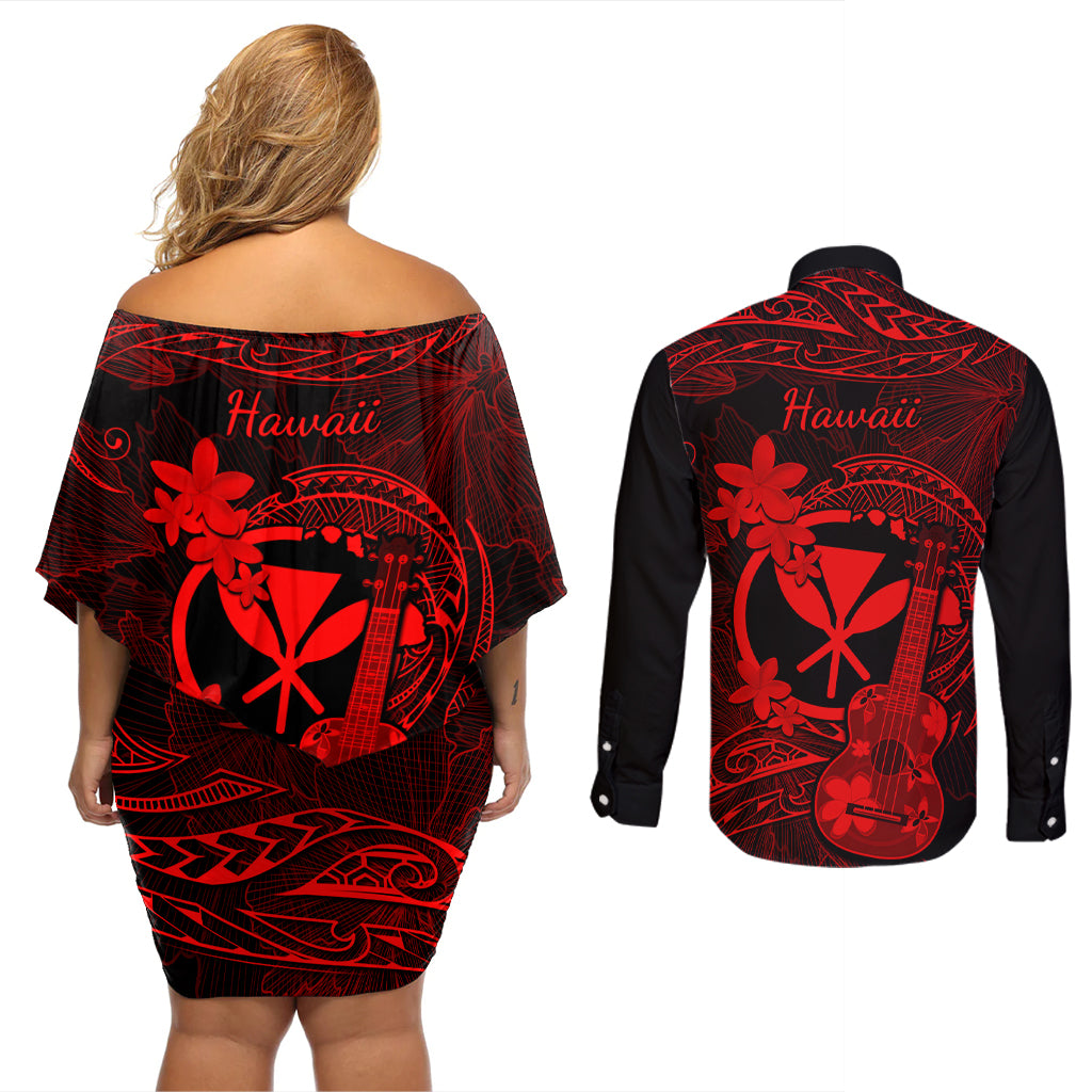 hawaii-couples-matching-off-shoulder-short-dress-and-long-sleeve-button-shirts-ukulele-mix-polynesian-plumeria-red-version