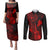 hawaii-couples-matching-puletasi-dress-and-long-sleeve-button-shirts-ukulele-mix-polynesian-plumeria-red-version