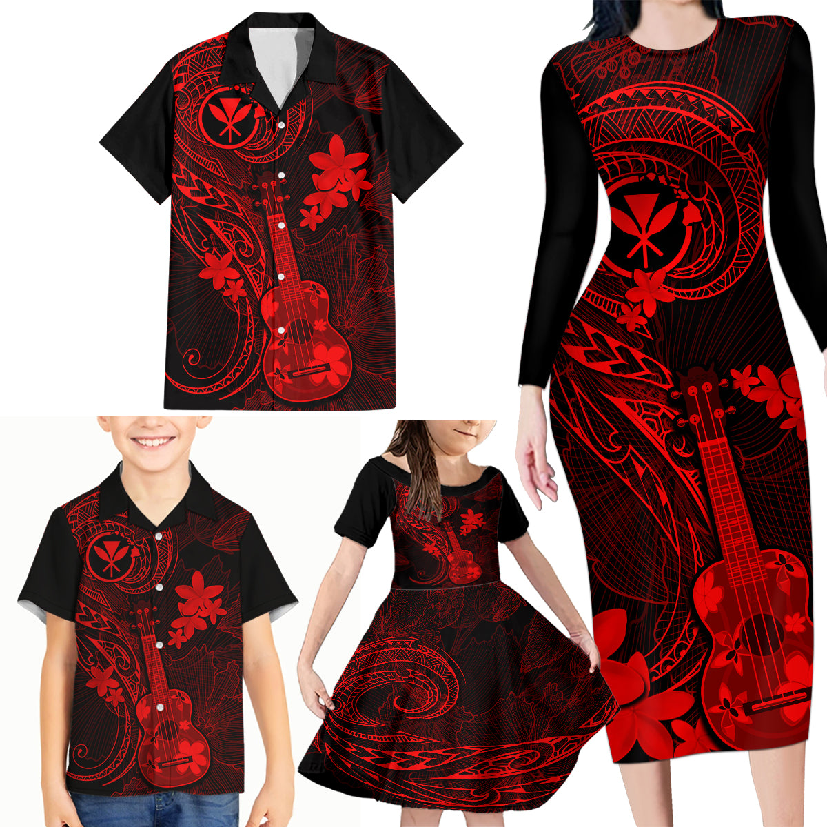 hawaii-family-matching-long-sleeve-bodycon-dress-and-hawaiian-shirt-ukulele-mix-polynesian-plumeria-red-version