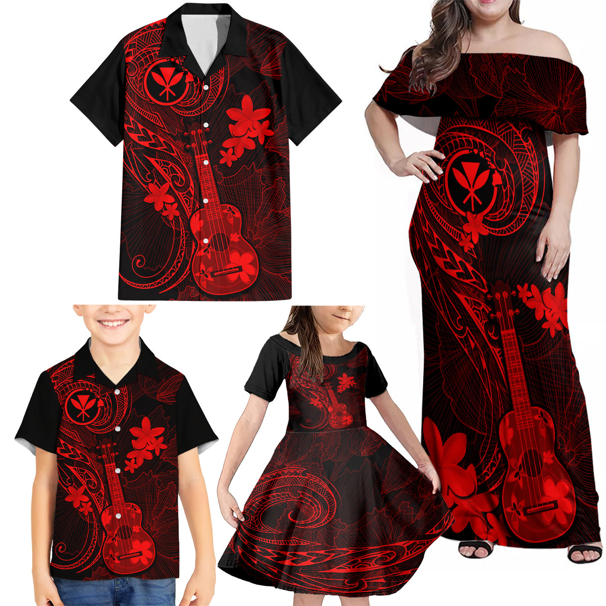 hawaii-family-matching-off-shoulder-maxi-dress-and-hawaiian-shirt-ukulele-mix-polynesian-plumeria-red-version