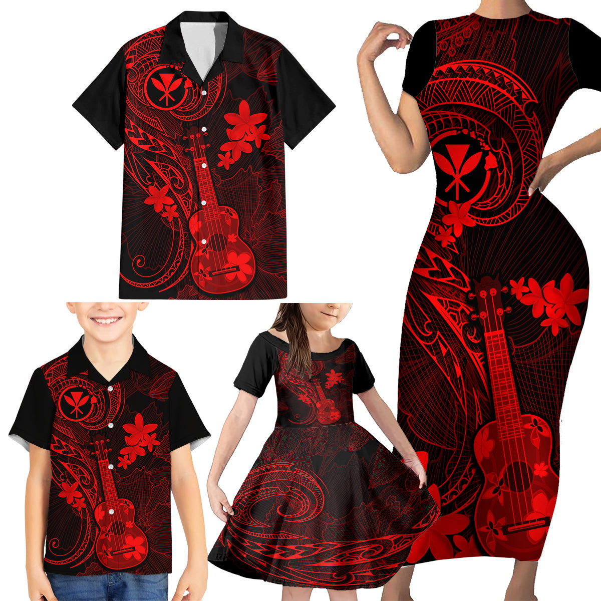 hawaii-family-matching-short-sleeve-bodycon-dress-and-hawaiian-shirt-ukulele-mix-polynesian-plumeria-red-version