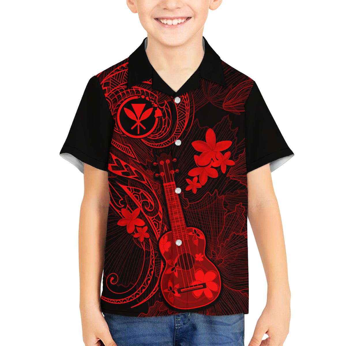hawaii-kid-hawaiian-shirt-ukulele-mix-polynesian-plumeria-red-version