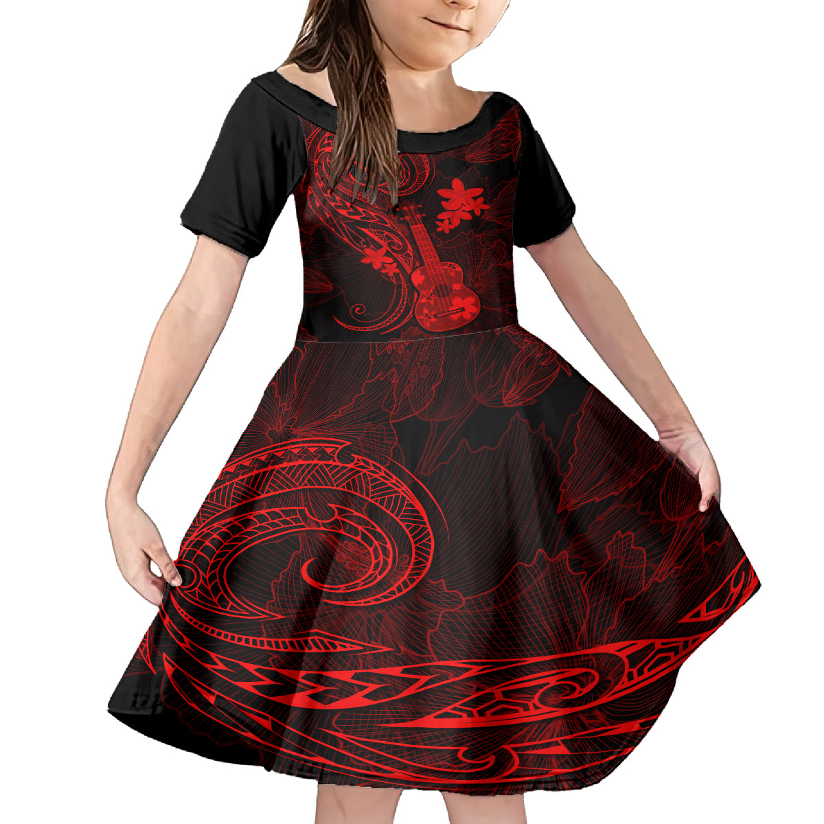 hawaii-kid-short-sleeve-dress-ukulele-mix-polynesian-plumeria-red-version