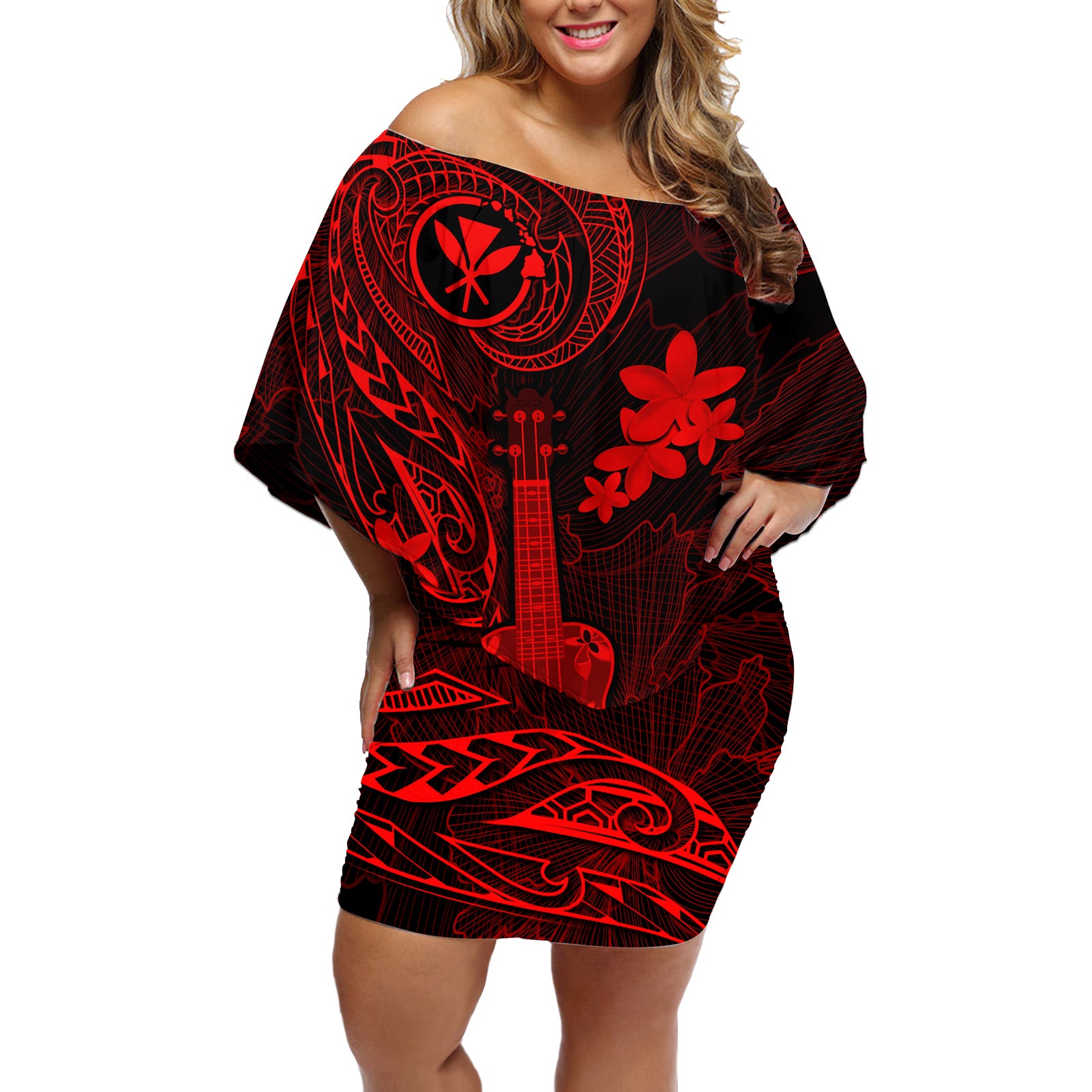 hawaii-off-shoulder-short-dress-ukulele-mix-polynesian-plumeria-red-version