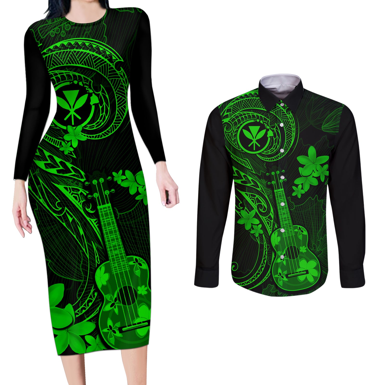hawaii-couples-matching-long-sleeve-bodycon-dress-and-long-sleeve-button-shirts-ukulele-mix-polynesian-plumeria-green-version
