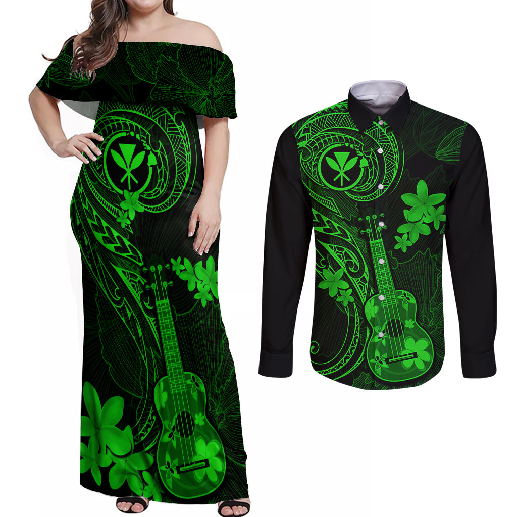 hawaii-couples-matching-off-shoulder-maxi-dress-and-long-sleeve-button-shirts-ukulele-mix-polynesian-plumeria-green-version