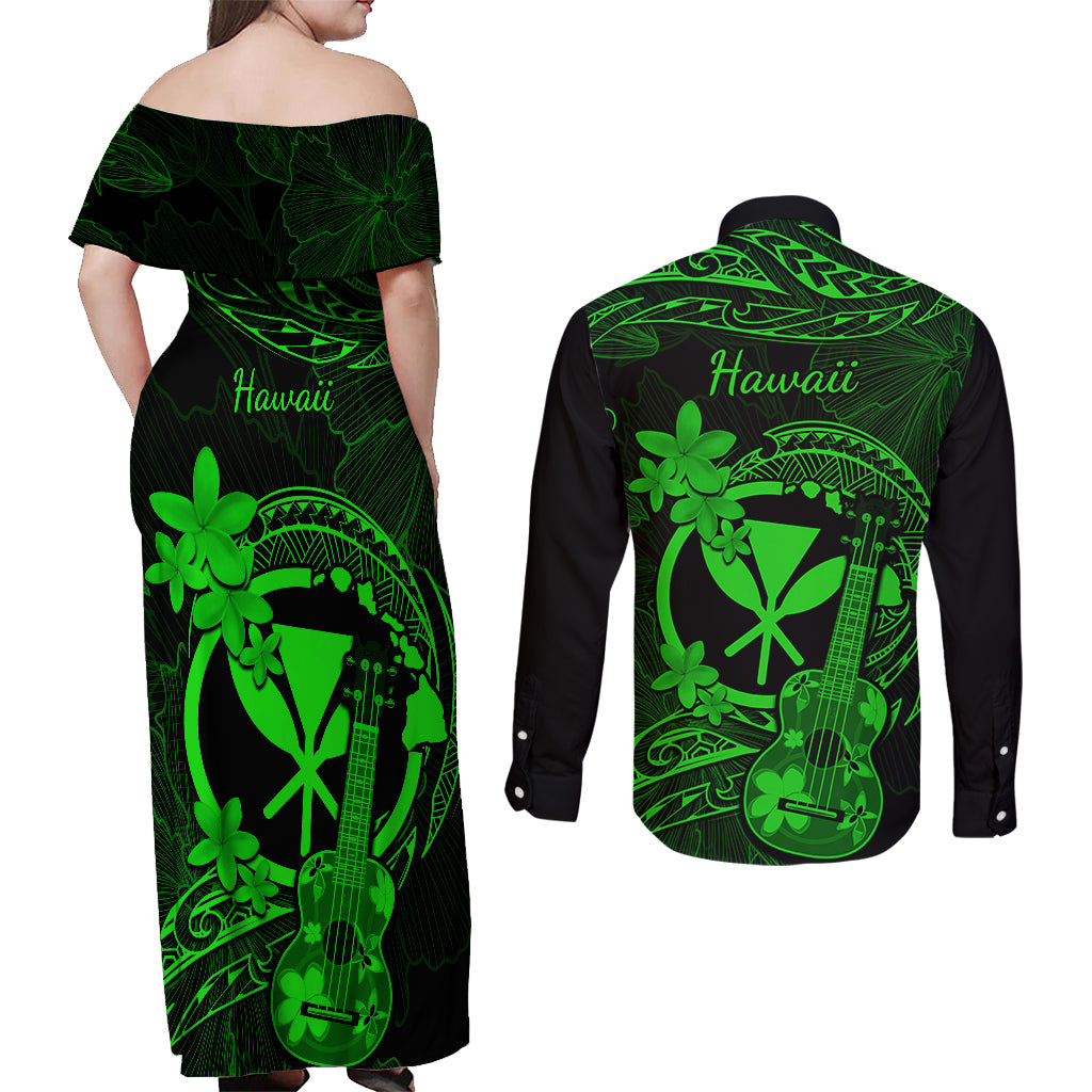 hawaii-couples-matching-off-shoulder-maxi-dress-and-long-sleeve-button-shirts-ukulele-mix-polynesian-plumeria-green-version