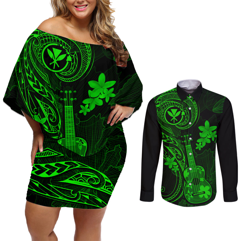 hawaii-couples-matching-off-shoulder-short-dress-and-long-sleeve-button-shirts-ukulele-mix-polynesian-plumeria-green-version