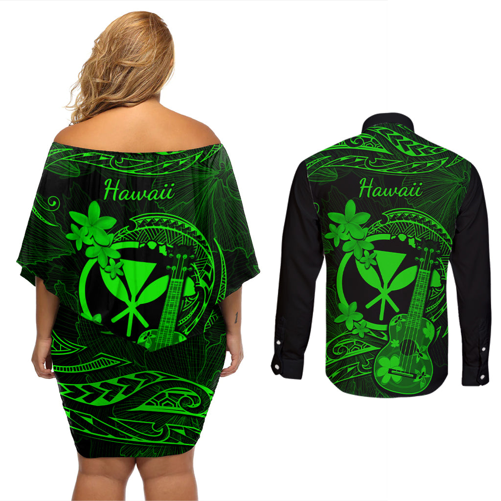 hawaii-couples-matching-off-shoulder-short-dress-and-long-sleeve-button-shirts-ukulele-mix-polynesian-plumeria-green-version