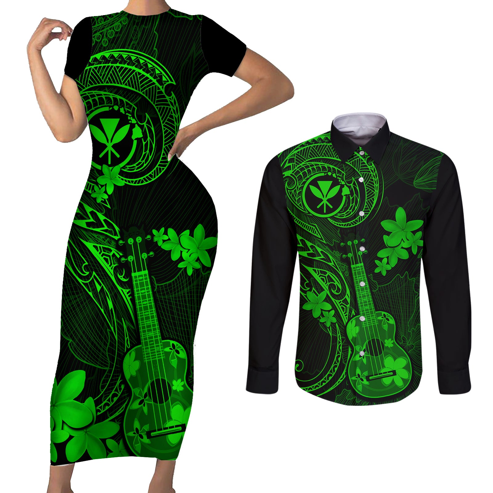 hawaii-couples-matching-short-sleeve-bodycon-dress-and-long-sleeve-button-shirts-ukulele-mix-polynesian-plumeria-green-version