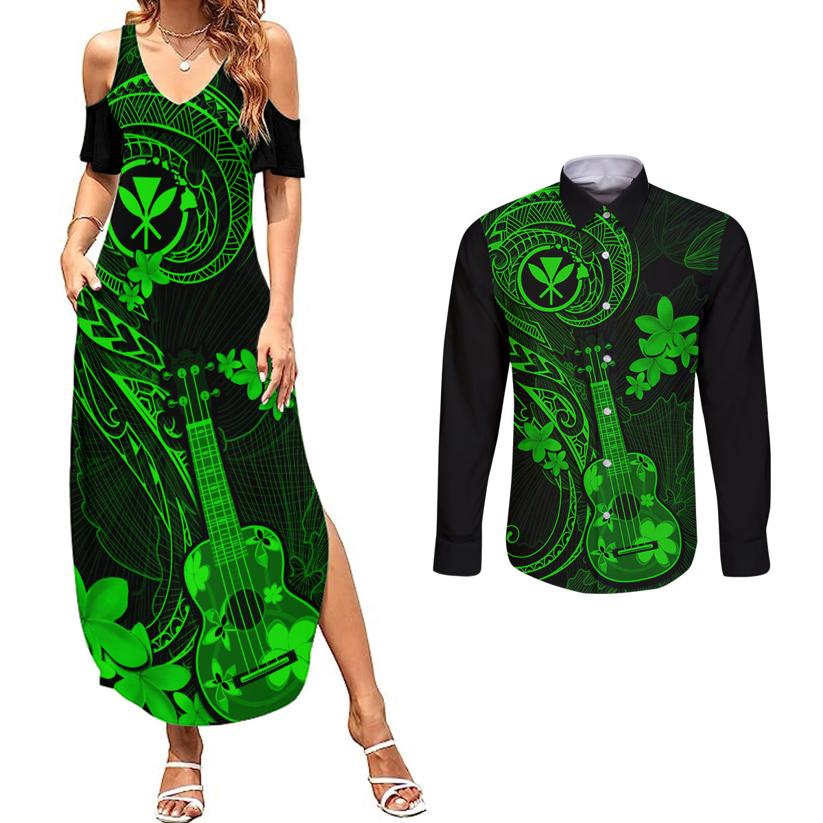 hawaii-couples-matching-summer-maxi-dress-and-long-sleeve-button-shirts-ukulele-mix-polynesian-plumeria-green-version