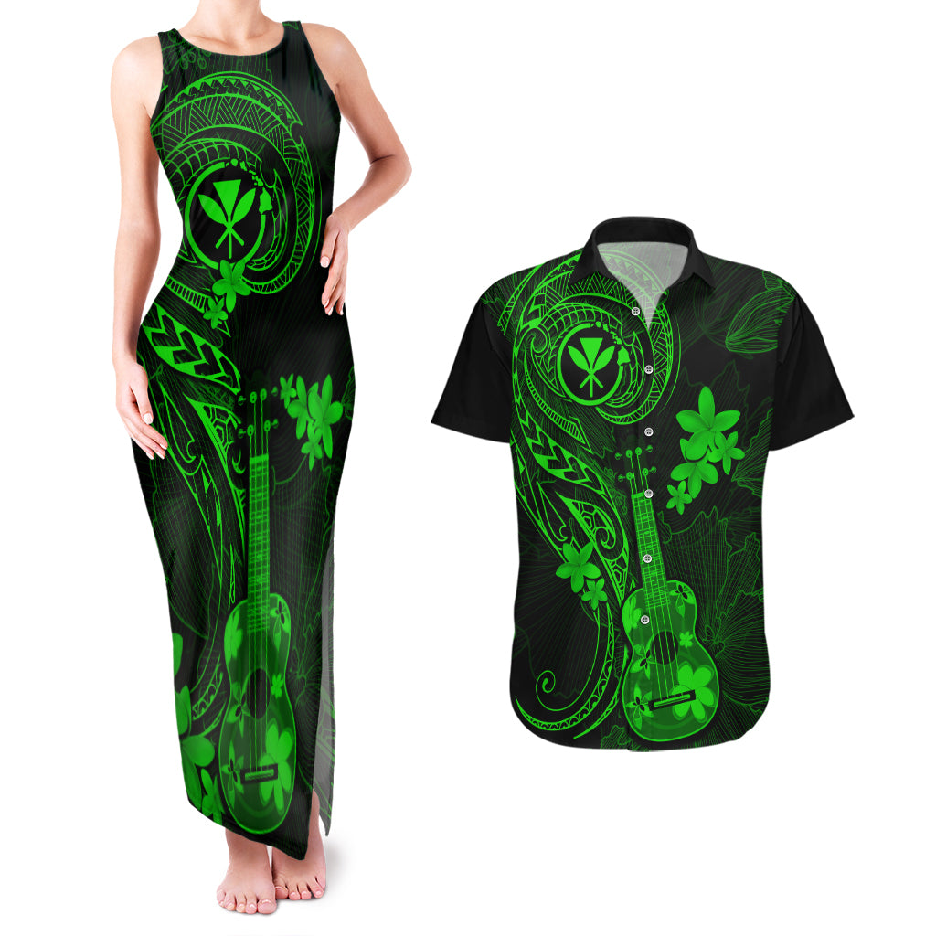 hawaii-couples-matching-tank-maxi-dress-and-hawaiian-shirt-ukulele-mix-polynesian-plumeria-green-version