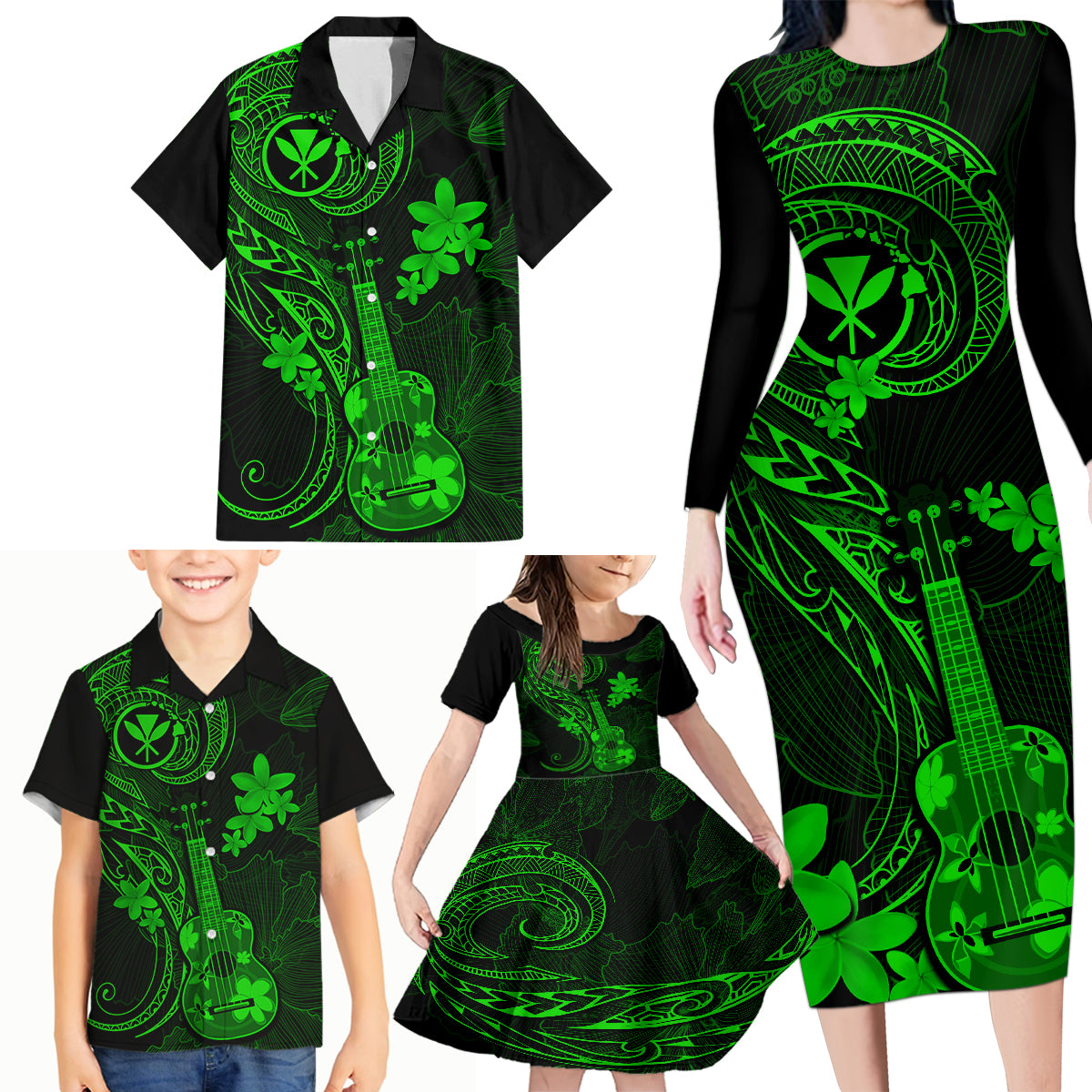 hawaii-family-matching-long-sleeve-bodycon-dress-and-hawaiian-shirt-ukulele-mix-polynesian-plumeria-green-version