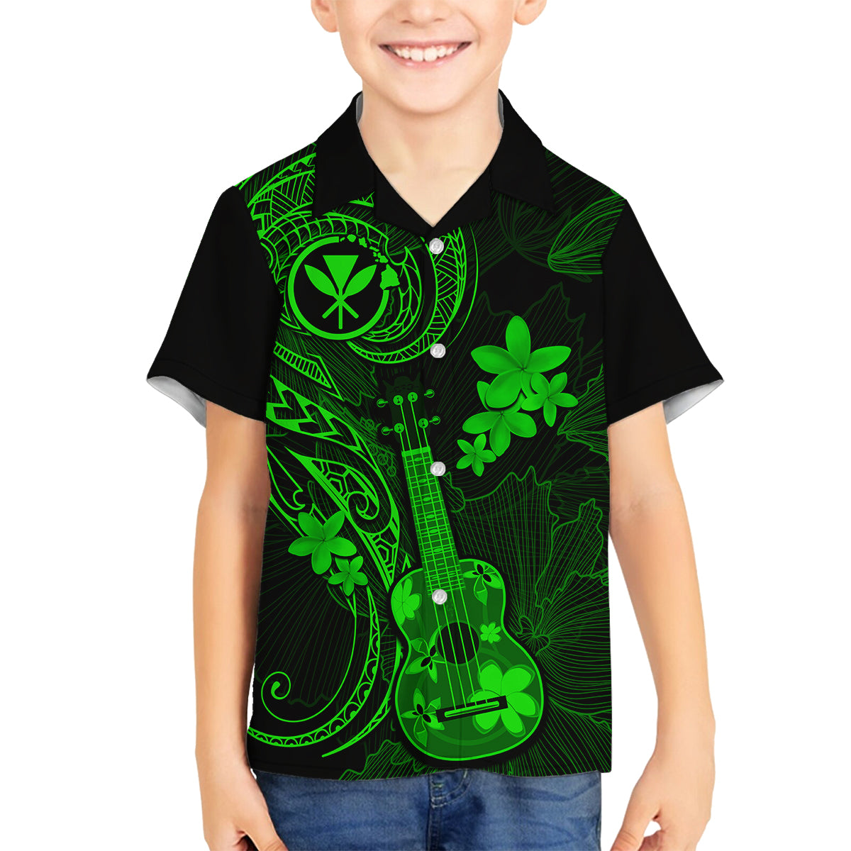 Hawaii Family Matching Puletasi Dress and Hawaiian Shirt Ukulele Mix Polynesian Plumeria Green Version LT14 Son's Shirt Green - Polynesian Pride