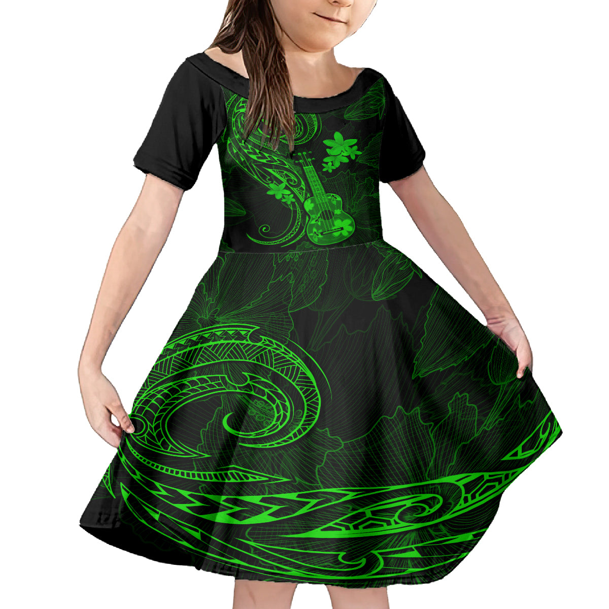 hawaii-kid-short-sleeve-dress-ukulele-mix-polynesian-plumeria-green-version
