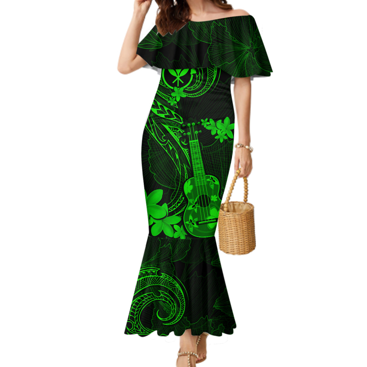 hawaii-mermaid-dress-ukulele-mix-polynesian-plumeria-green-version