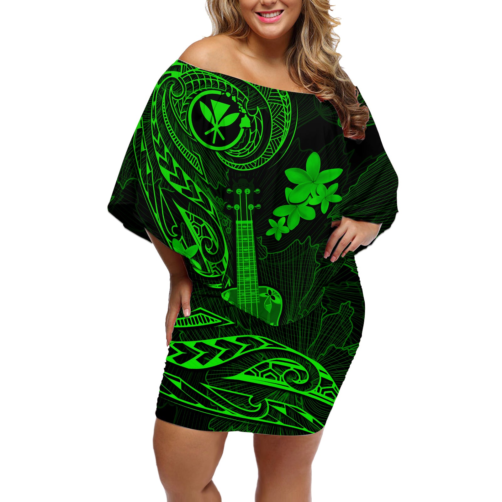 hawaii-off-shoulder-short-dress-ukulele-mix-polynesian-plumeria-green-version