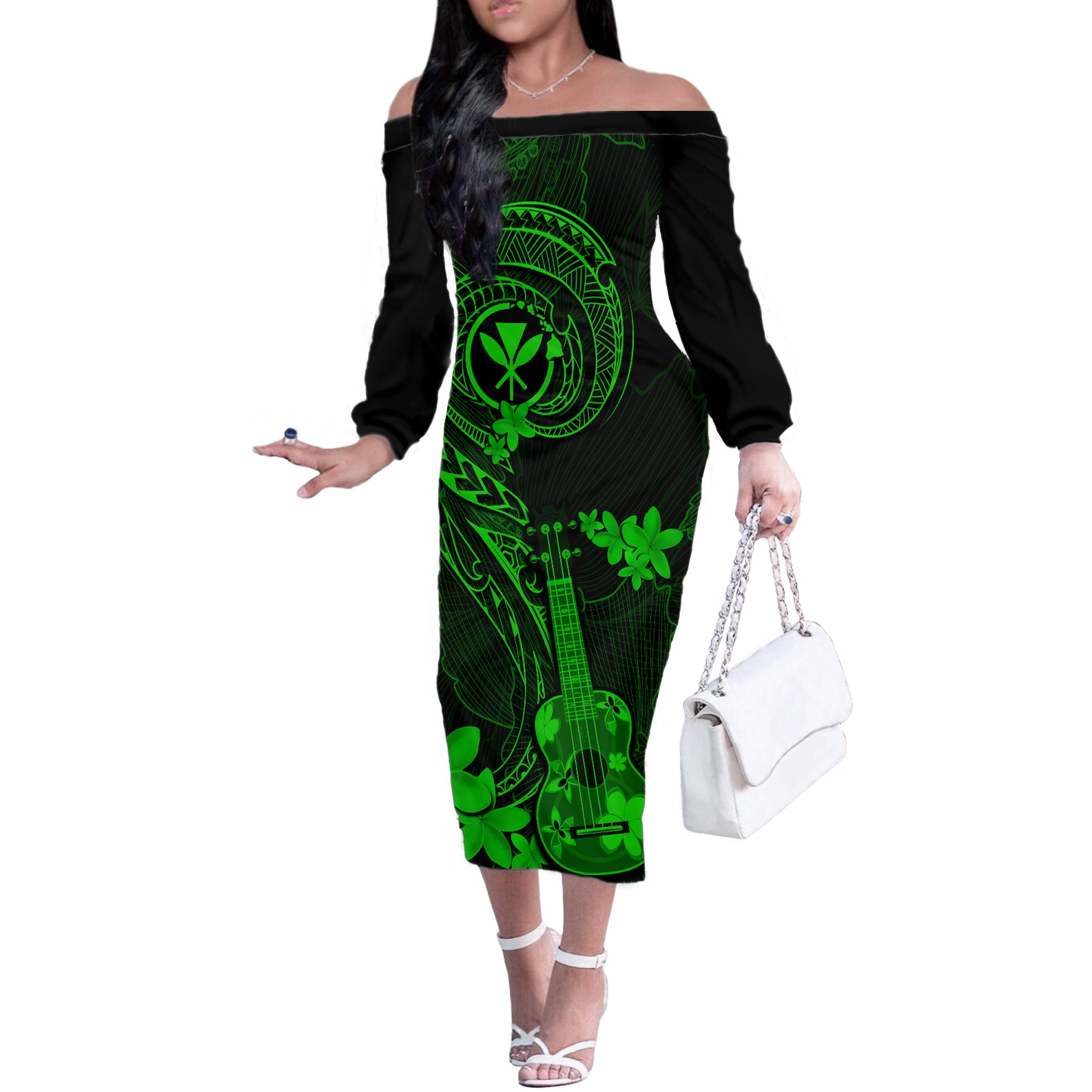 hawaii-off-the-shoulder-long-sleeve-dress-ukulele-mix-polynesian-plumeria-green-version