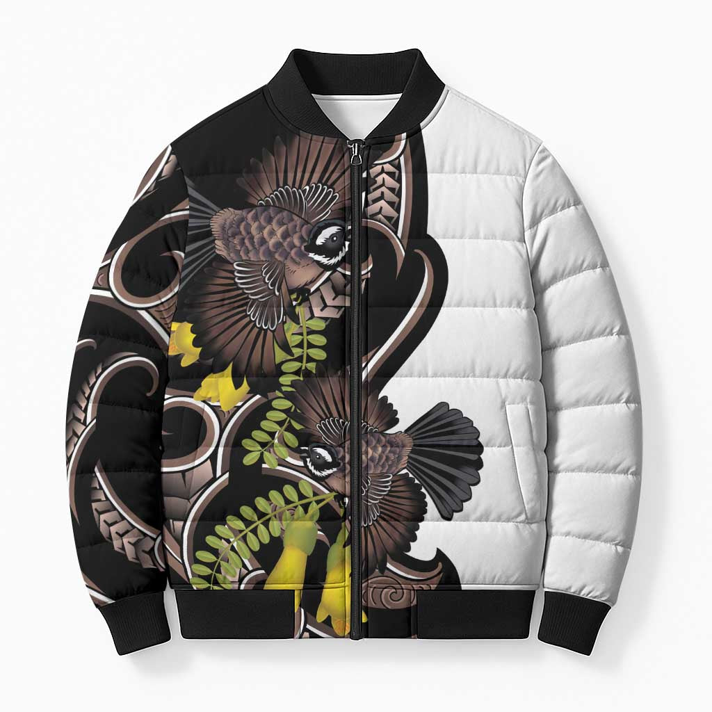 New Zealand Valentines Day Bomber Puffer Jacket Piwakawaka Lovers Maori Koru Tattoo - Polynesian Pride