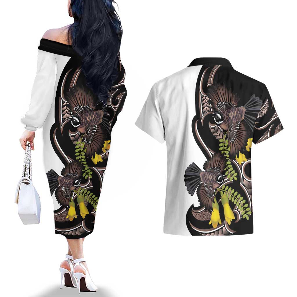 New Zealand Valentines Day Couples Matching Off The Shoulder Long Sleeve Dress and Hawaiian Shirt Piwakawaka Lovers Maori Koru Tattoo - Polynesian Pride