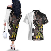 New Zealand Valentines Day Couples Matching Off The Shoulder Long Sleeve Dress and Hawaiian Shirt Piwakawaka Lovers Maori Koru Tattoo - Polynesian Pride