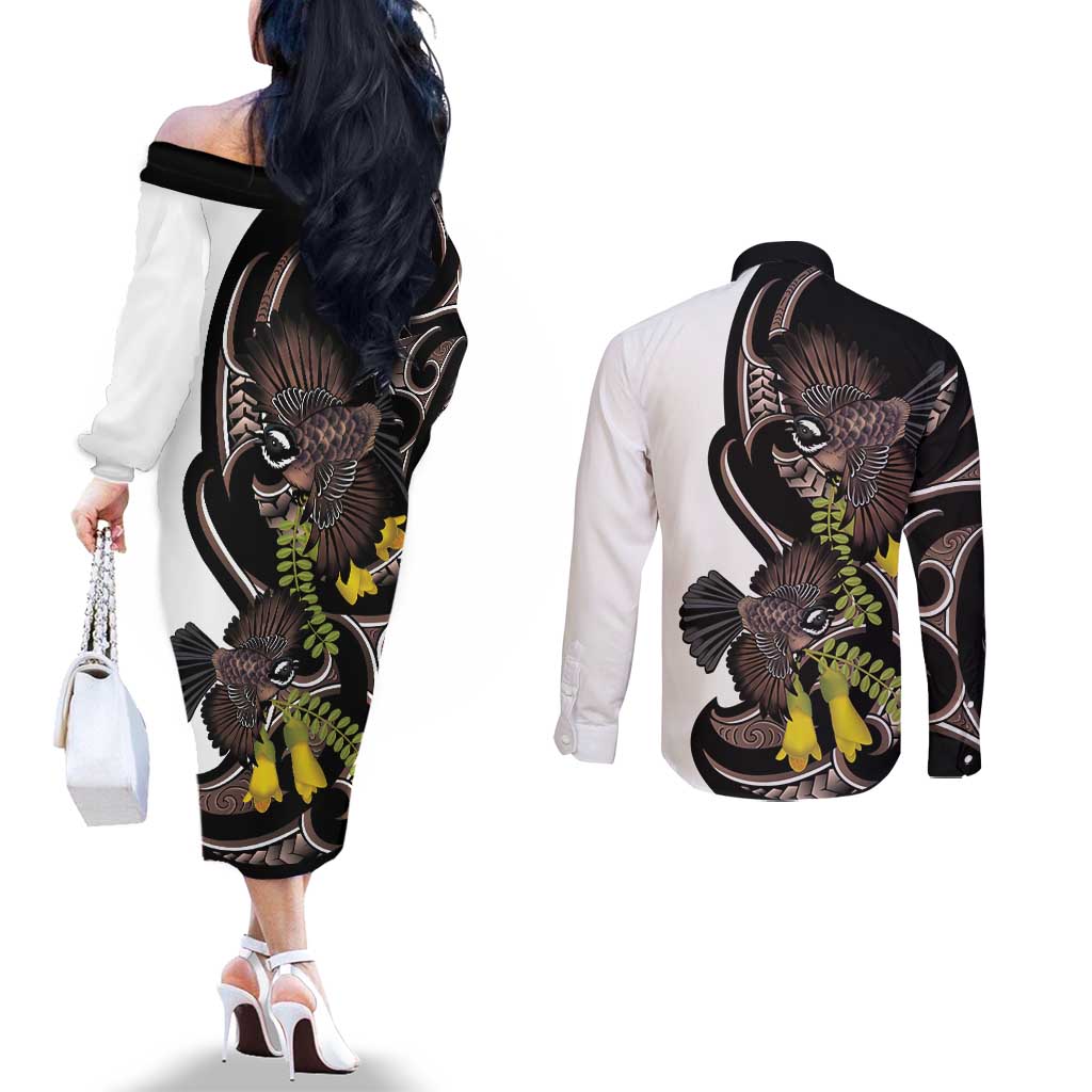 New Zealand Valentines Day Couples Matching Off The Shoulder Long Sleeve Dress and Long Sleeve Button Shirt Piwakawaka Lovers Maori Koru Tattoo - Polynesian Pride