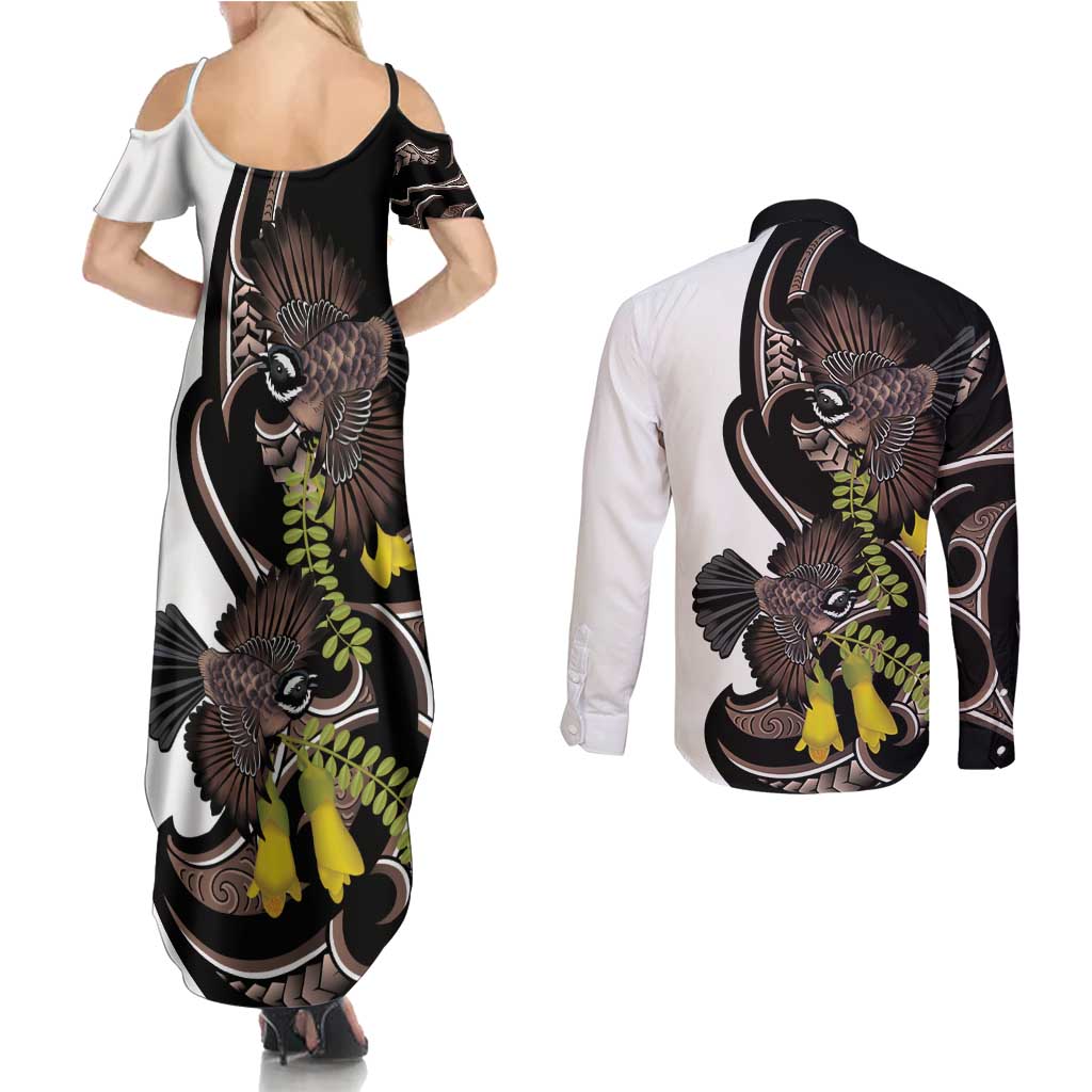 New Zealand Valentines Day Couples Matching Summer Maxi Dress and Long Sleeve Button Shirt Piwakawaka Lovers Maori Koru Tattoo - Polynesian Pride