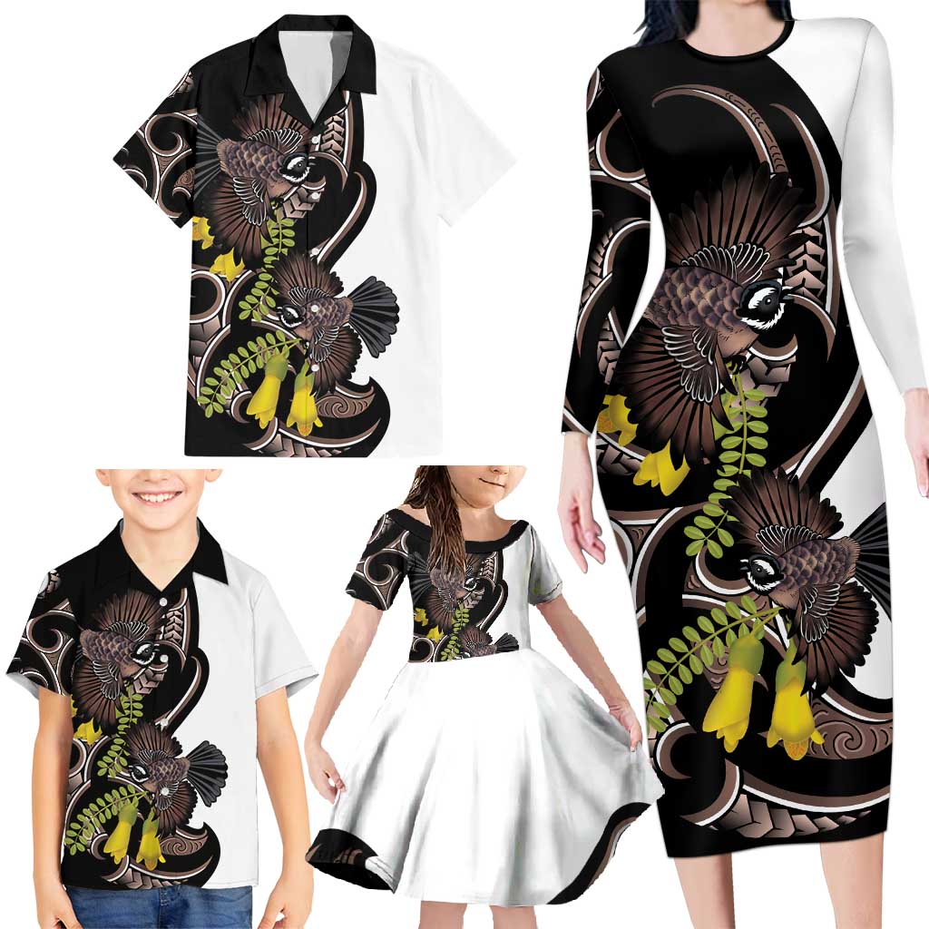 New Zealand Valentines Day Family Matching Long Sleeve Bodycon Dress and Hawaiian Shirt Piwakawaka Lovers Maori Koru Tattoo - Polynesian Pride