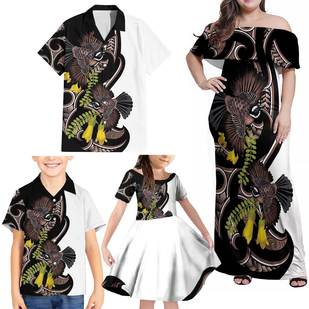 New Zealand Valentines Day Family Matching Off Shoulder Maxi Dress and Hawaiian Shirt Piwakawaka Lovers Maori Koru Tattoo - Polynesian Pride