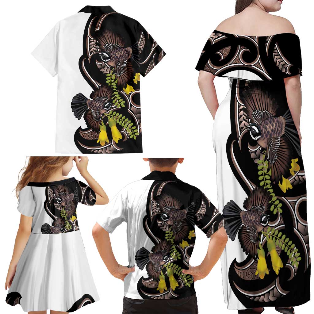 New Zealand Valentines Day Family Matching Off Shoulder Maxi Dress and Hawaiian Shirt Piwakawaka Lovers Maori Koru Tattoo - Polynesian Pride