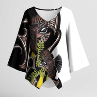 New Zealand Valentines Day Kimono Sleeve Blouse Piwakawaka Lovers Maori Koru Tattoo - Polynesian Pride