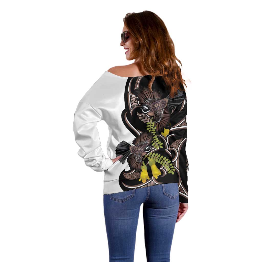 New Zealand Valentines Day Off Shoulder Sweater Piwakawaka Lovers Maori Koru Tattoo - Polynesian Pride