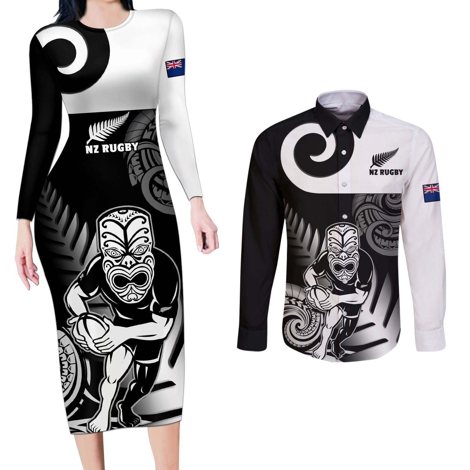 New Zealand Silver Fern Rugby Couples Matching Long Sleeve Bodycon Dress and Long Sleeve Button Shirts Go Champions NZ All Black Maori Koru LT14 Black - Polynesian Pride