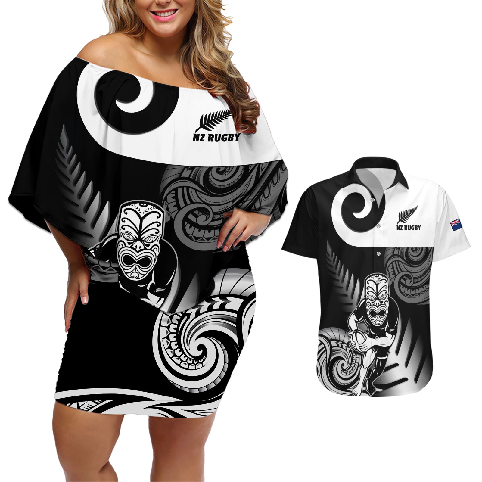 New Zealand Silver Fern Rugby Couples Matching Off Shoulder Short Dress and Hawaiian Shirt Go Champions NZ All Black Maori Koru LT14 Black - Polynesian Pride