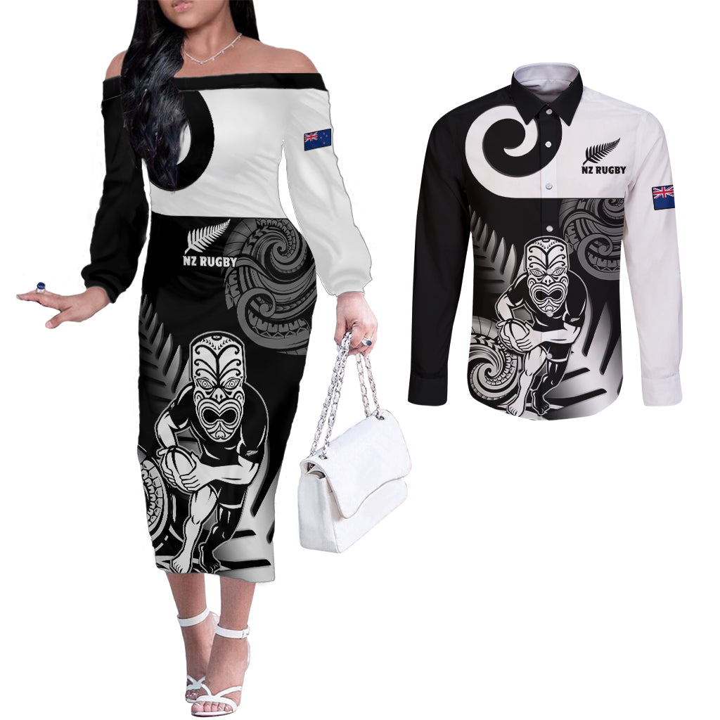 New Zealand Silver Fern Rugby Couples Matching Off The Shoulder Long Sleeve Dress and Long Sleeve Button Shirts Go Champions NZ All Black Maori Koru LT14 Black - Polynesian Pride