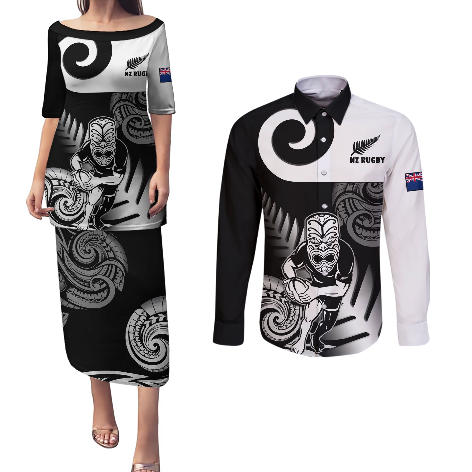 New Zealand Silver Fern Rugby Couples Matching Puletasi Dress and Long Sleeve Button Shirts Go Champions NZ All Black Maori Koru LT14 Black - Polynesian Pride